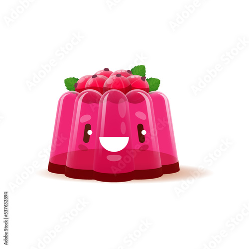 Cartoon funny pink pudding dessert character. Kawaii vector jelly sweet personage with red currant berries and mint leaves. Isolated funny fruit confectionery. Cute tasty pudding with smiling face