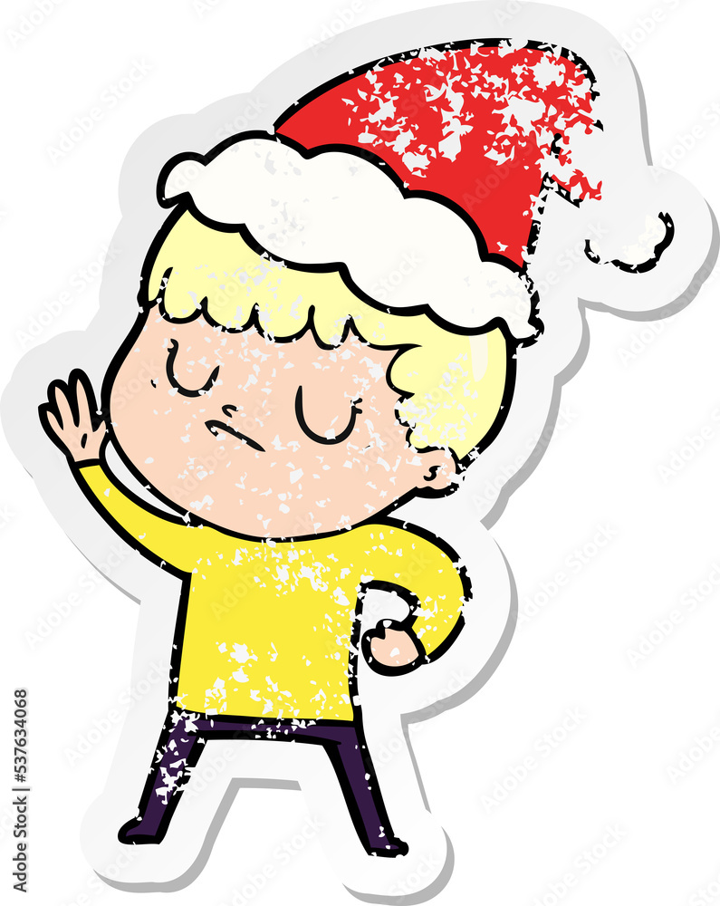 hand drawn distressed sticker cartoon of a grumpy boy wearing santa hat hand drawn distressed sticker cartoon of a grumpy boy wearing santa hat