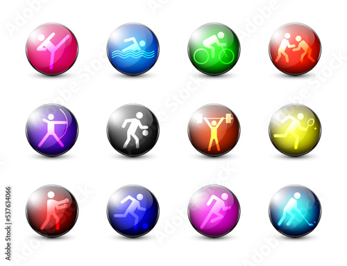 Summer sports icons set. Glossy spheres with sport signs. Flat vector illustration.