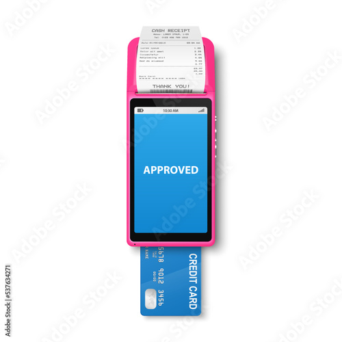 Vector 3d NFC Payment Machine with Approved Status, Paper Receipt, Credit Card. Wi-fi, Wireless Payment. POS Terminal, Machine Design Template of Bank Payment Contactless Terminal, Mockup. Top VIew