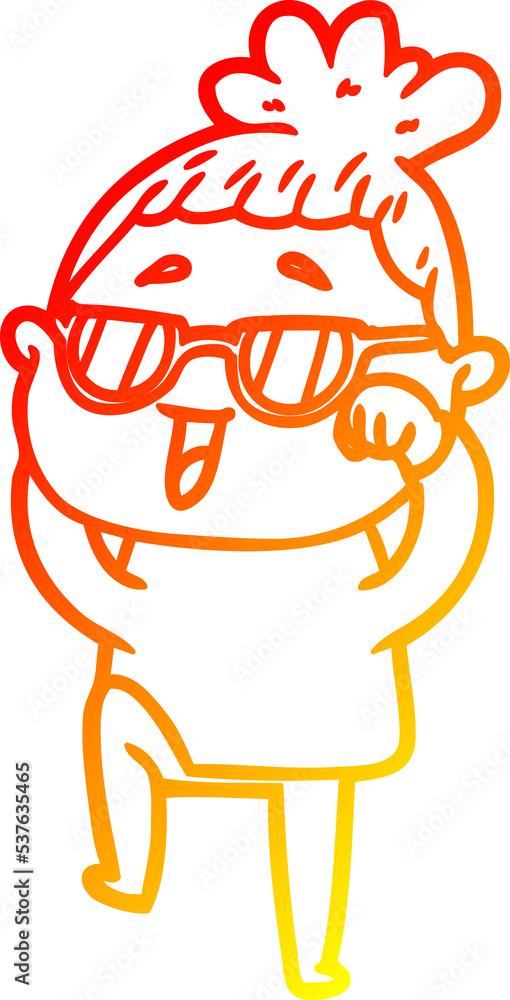 warm gradient line drawing of a cartoon happy woman wearing spectacles warm gradient line drawing of a cartoon happy woman wearing spectacles