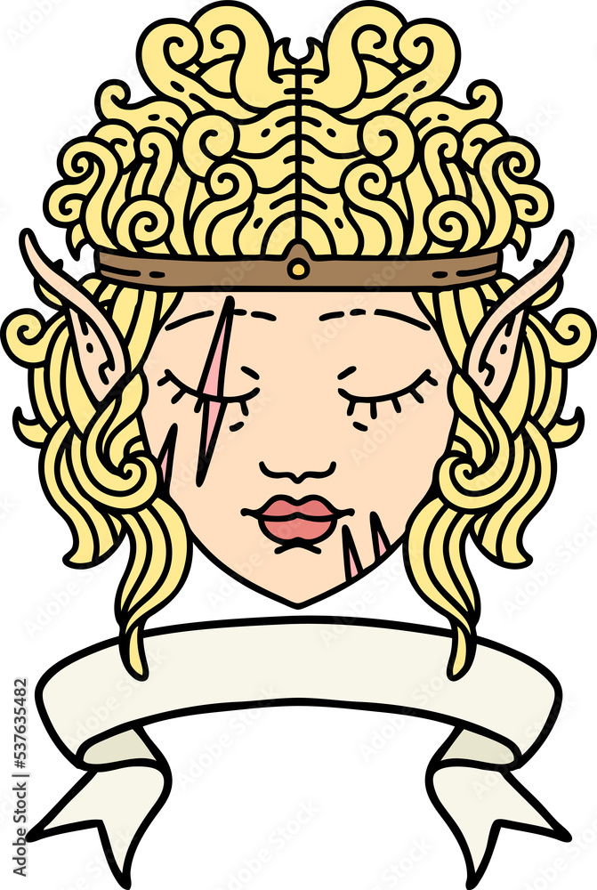 Retro Tattoo Style elf barbarian character face with banner Retro Tattoo Style elf barbarian character face with banner