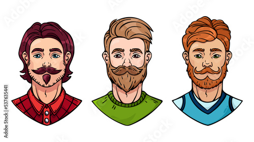 Vector bearded men with different hairstyles beards, mustaches and hair color. Color illustration. Black contour