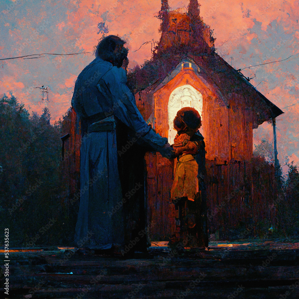 An old church , with Jesus and a child standing in front of it, a nostalgic vintage feel, painted in oils, loosely rendered with beautiful lighting, illustration