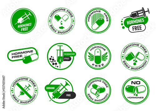 Hormone free icons, healthy organic food stickers and labels, vector stamps. Natural farm meat and no GMO products sign, USDA no hormones icon with syringe and pill for healthy food package badges