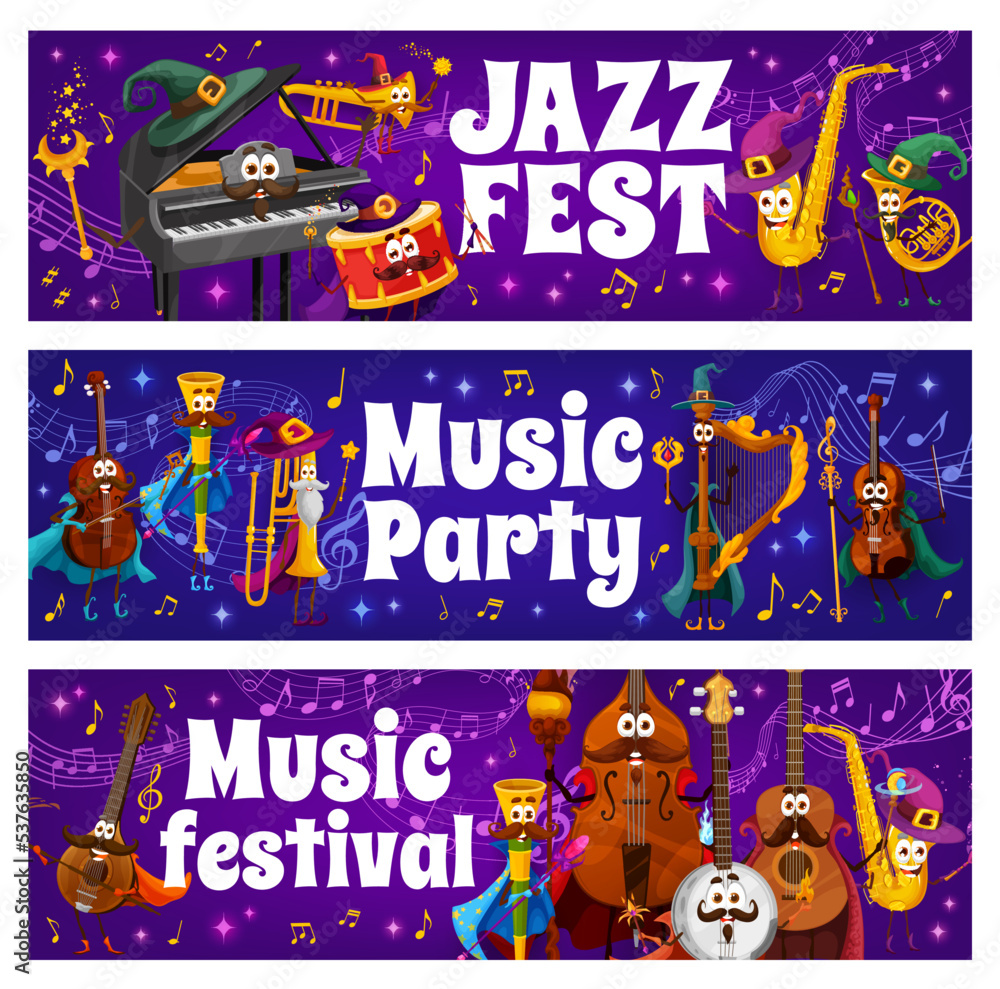 Music party, jazz festival banners with wizard musical instrument characters, vector sound waves and notes. Kids party with cartoon music instrument piano wizard, guitar mage and saxophone sorcerer