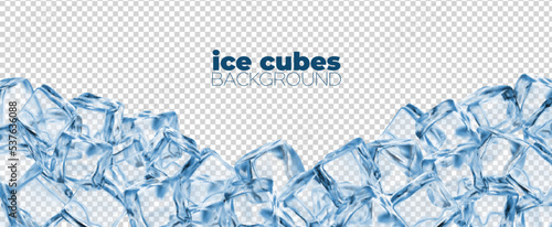 Realistic ice cubes background, crystal ice blocks. Frozen crystal 3d backdrop or banner, cocktail icecube translucent piece realistic vector background or wallpaper. Frozen water cool cube 3d cover photo