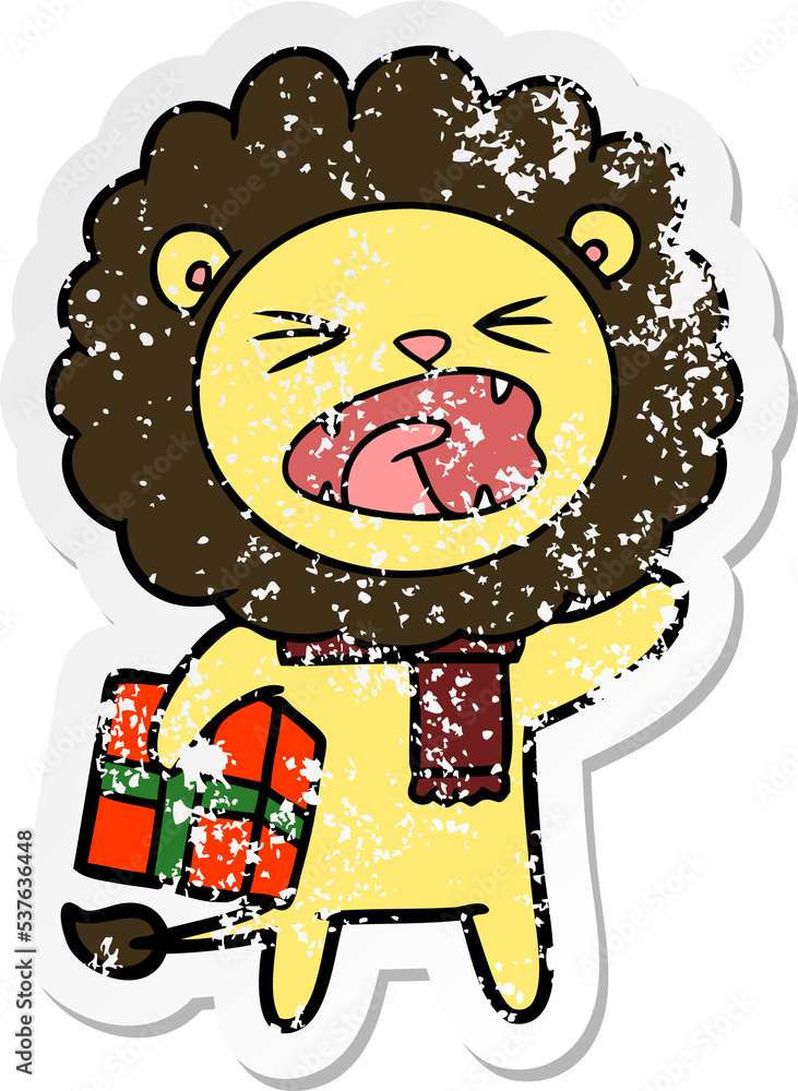 distressed sticker of a cartoon lion with christmas present distressed sticker of a cartoon lion with christmas present