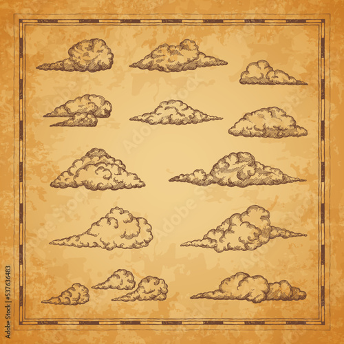 Vintage map clouds and cloudiness sketch for adventure map, vector background. Pirate treasure island and Caribbean map elements fluffy clouds sketch or marine cloudscape in retro etching