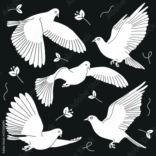 Flying pigeons with an olive branches. White birds silhouettes on black background. Dove of peace. Hand drawn modern Vector illustration.