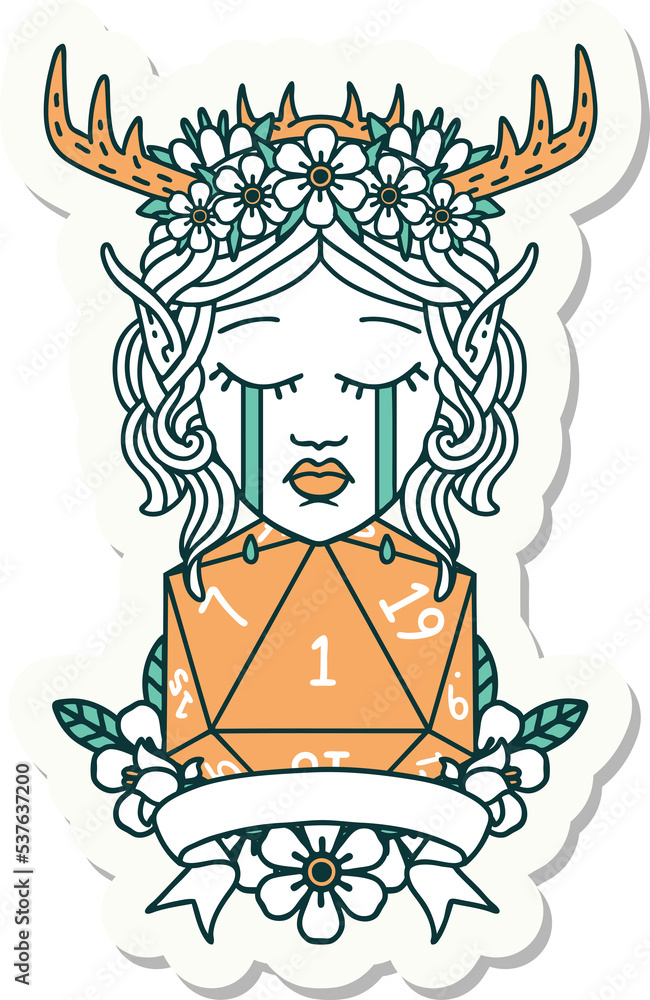 sticker of a sad elf druid character face with natural one D20 roll sticker of a sad elf druid character face with natural one D20 roll