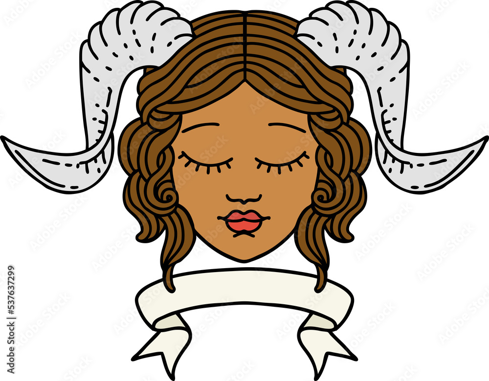 Retro Tattoo Style tiefling character face with scroll banner Retro Tattoo Style tiefling character face with scroll banner