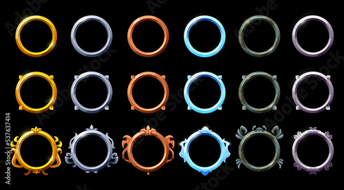 Golden, silver, bronze, copper and rusty metal circle frames, vector game assets. Rusty metal circle frames and gold rings, GUI or game UI elements and arcade game circle box borders or menu buttons