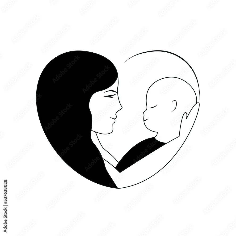 Mom holds baby in her arms inside heart-shaped silhouette. Black and white image for logo. Mother's Day. Vector illustration