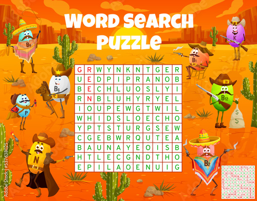 Wild West cartoon vitamin cowboy, sheriff, ranger and bandit characters. Western word search puzzle game vector worksheet of cute vitamin and mineral pill personages on background of desert, cactuses
