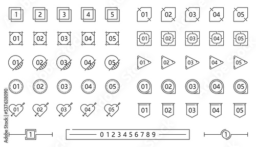 Infographics number box frames. Business diagram indicator outline frame or icons, presentation number signs, simple vector pictograms. Infographics digit line square, round and triangle boxes