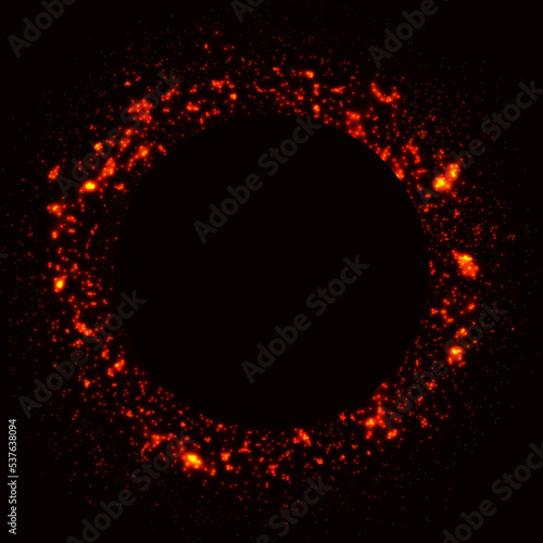 Circular flame illuminating the darkness. Abstract round frame made of red embers or lava on dark background with copy space. Red luminous circle. Maroon glowing light ring of sparkling particles