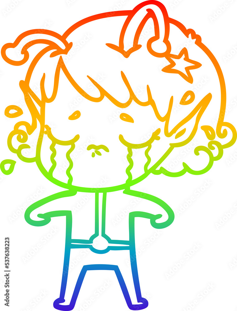 rainbow gradient line drawing of a cartoon crying alien girl rainbow gradient line drawing of a cartoon crying alien girl