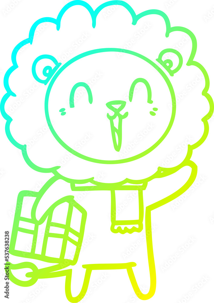 cold gradient line drawing of a laughing lion cartoon with christmas present cold gradient line drawing of a laughing lion cartoon with christmas present
