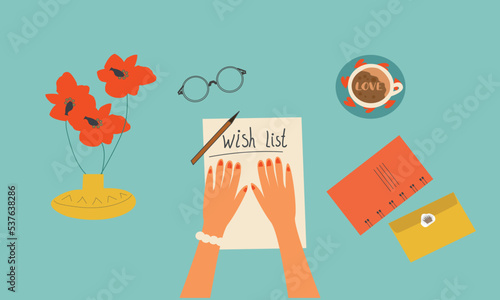 Human in the clipboard is writing wish list. Wishlist on a white sheet. Vector illustration flat design. Template for editing, to-do list and checklist.