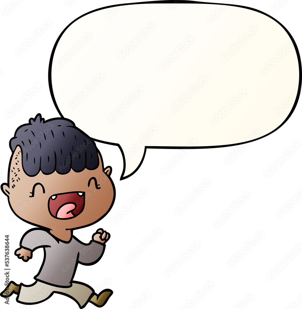 cartoon happy boy laughing and running away with speech bubble in smooth gradient style cartoon happy boy laughing and running away with speech bubble in smooth gradient style