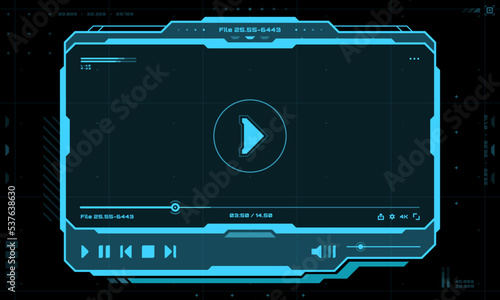 HUD video and sound player futuristic screen interface. Live audio player UI with digital navigation bar or panels. GUI futuristic vector display, SCI FI music control panel or neon blue frame buttons