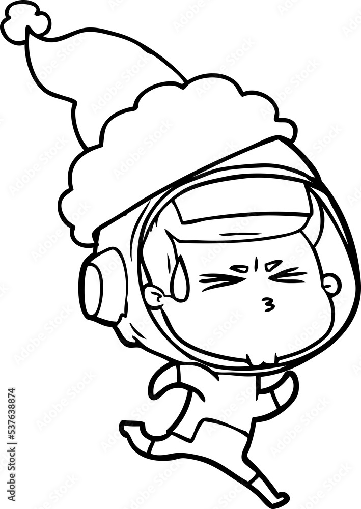Obraz premium hand drawn line drawing of a stressed astronaut wearing santa hat