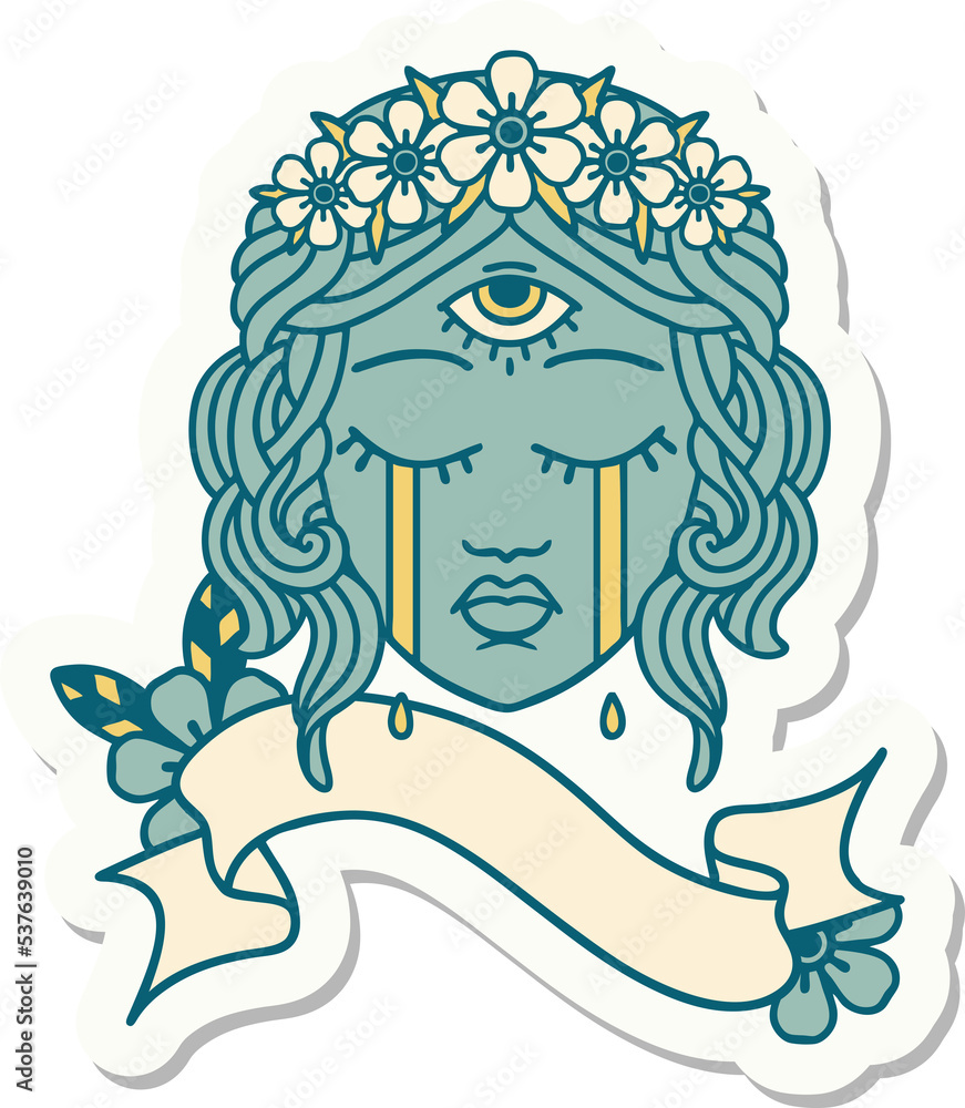 tattoo style sticker with banner of female face with mystic third eye crying tattoo style sticker with banner of female face with mystic third eye crying