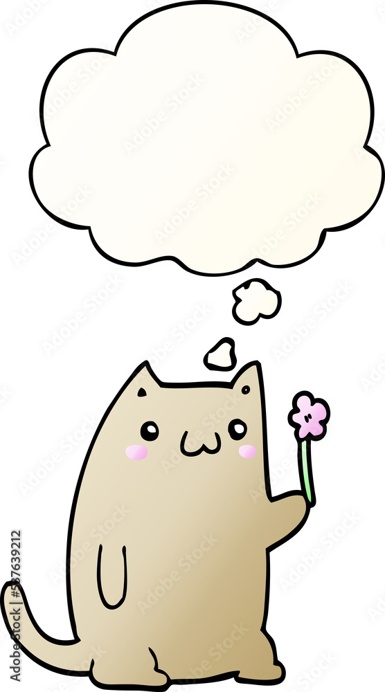 cute cartoon cat with flower with thought bubble in smooth gradient style cute cartoon cat with flower with thought bubble in smooth gradient style