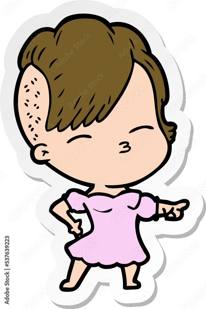 sticker of a cartoon squinting girl pointing sticker of a cartoon squinting girl pointing