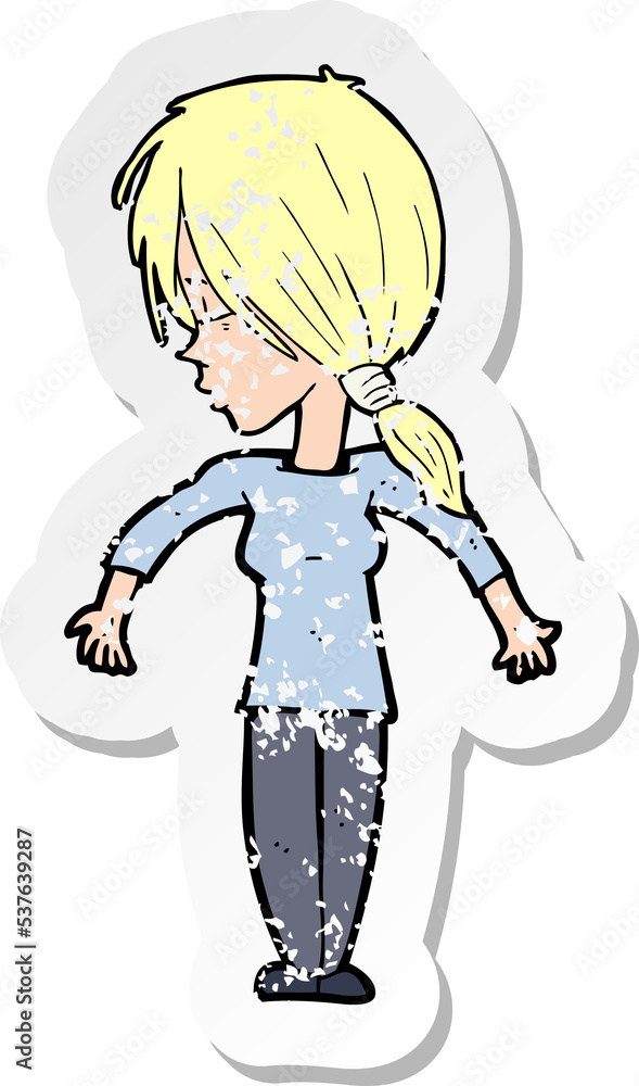 retro distressed sticker of a cartoon woman shrugging shoulders retro distressed sticker of a cartoon woman shrugging shoulders