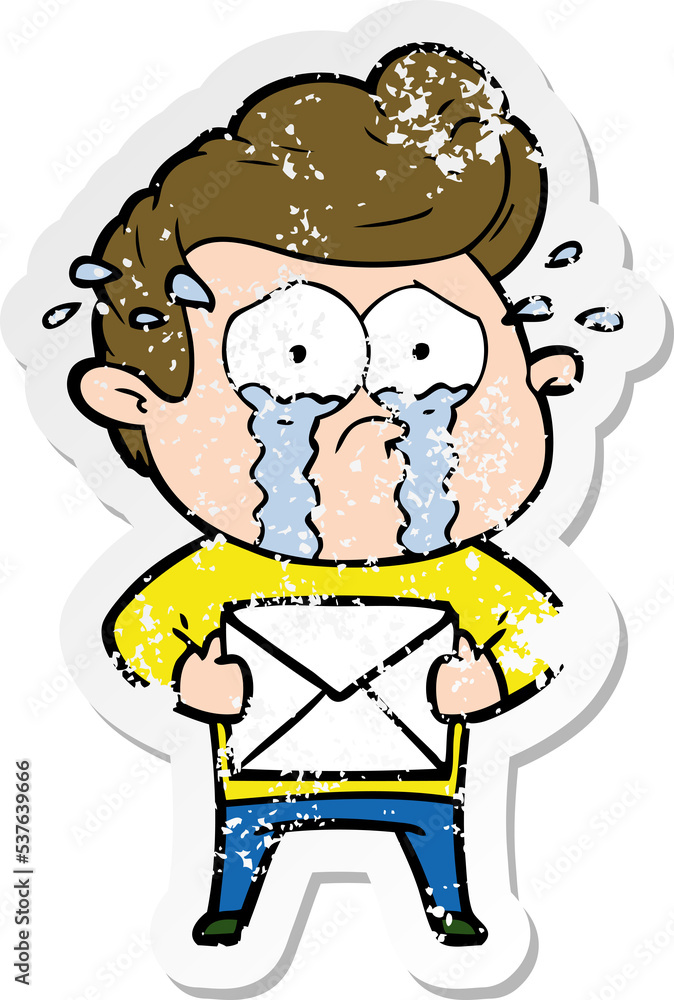 distressed sticker of a cartoon crying man receiving letter