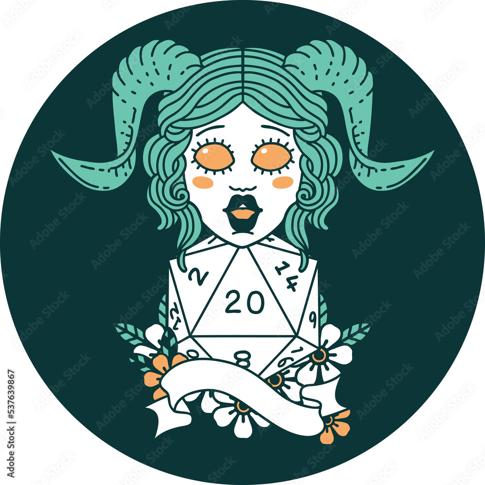 icon of tiefling with natural twenty dice roll icon of tiefling with natural twenty dice roll