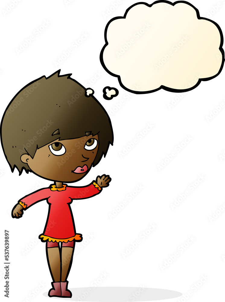 cartoon woman waving with thought bubble cartoon woman waving with thought bubble