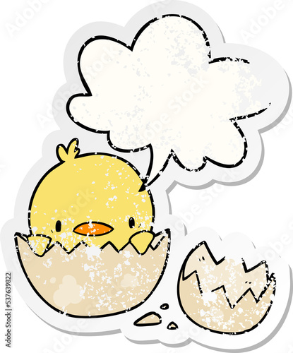 cute cartoon chick hatching from egg with speech bubble distressed distressed old sticker