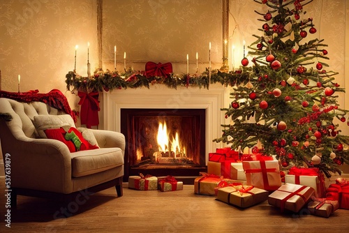 View of the room with a fireplace. Festive decorations and a Christmas tree. photo