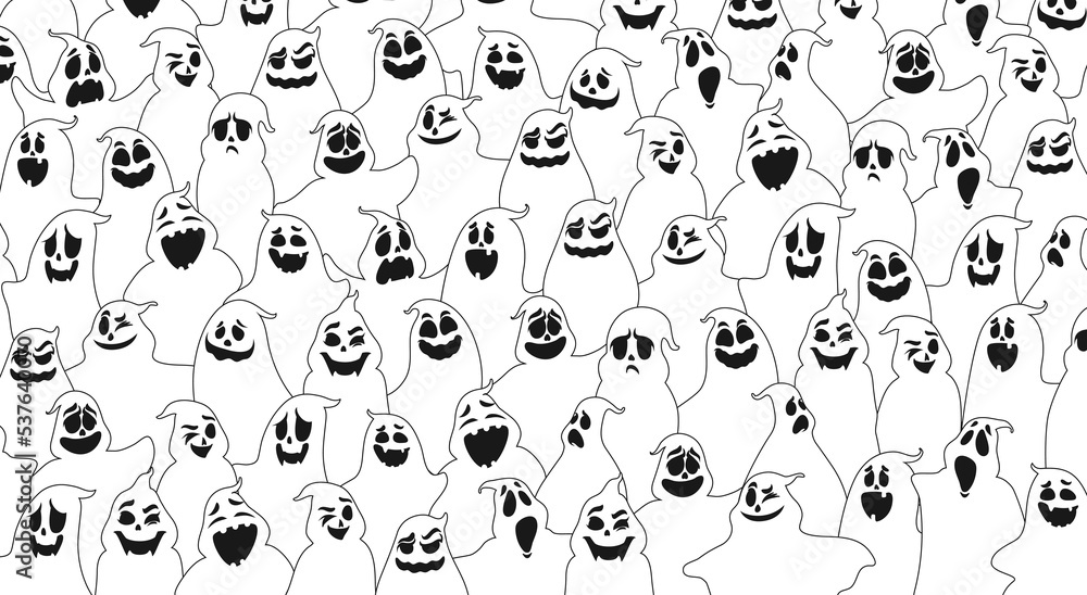 Cartoon halloween ghosts pattern. White vector background with creepy spooks emotions and face expressions. Monochrome ornament for wrapping paper, web design or greeting card with funny phantoms Cartoon halloween ghosts pattern. White vector background with creepy spooks emotions and face expressions. Monochrome ornament for wrapping paper, web design or greeting card with funny phantoms