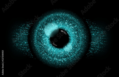 Digital eye, data network and cyber security technology, secure surveillance. Vector digital eye in binary code, internet tech and cyberspace security, HUD virtual monitoring or surveillance scanner