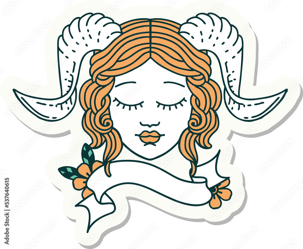 sticker of a tiefling character face with scroll banner sticker of a tiefling character face with scroll banner
