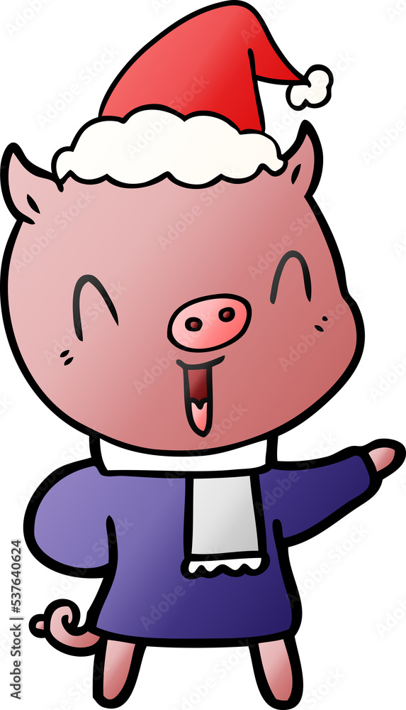 happy hand drawn gradient cartoon of a pig in winter clothes wearing santa hat happy hand drawn gradient cartoon of a pig in winter clothes wearing santa hat