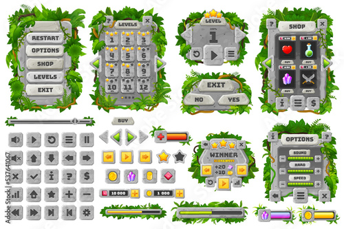 Jungle stones game interface, cartoon GUI elements and UI vector game asset. Jungle stones for arcade game player menu signs and icons, navigation controls and arrows for interface elements