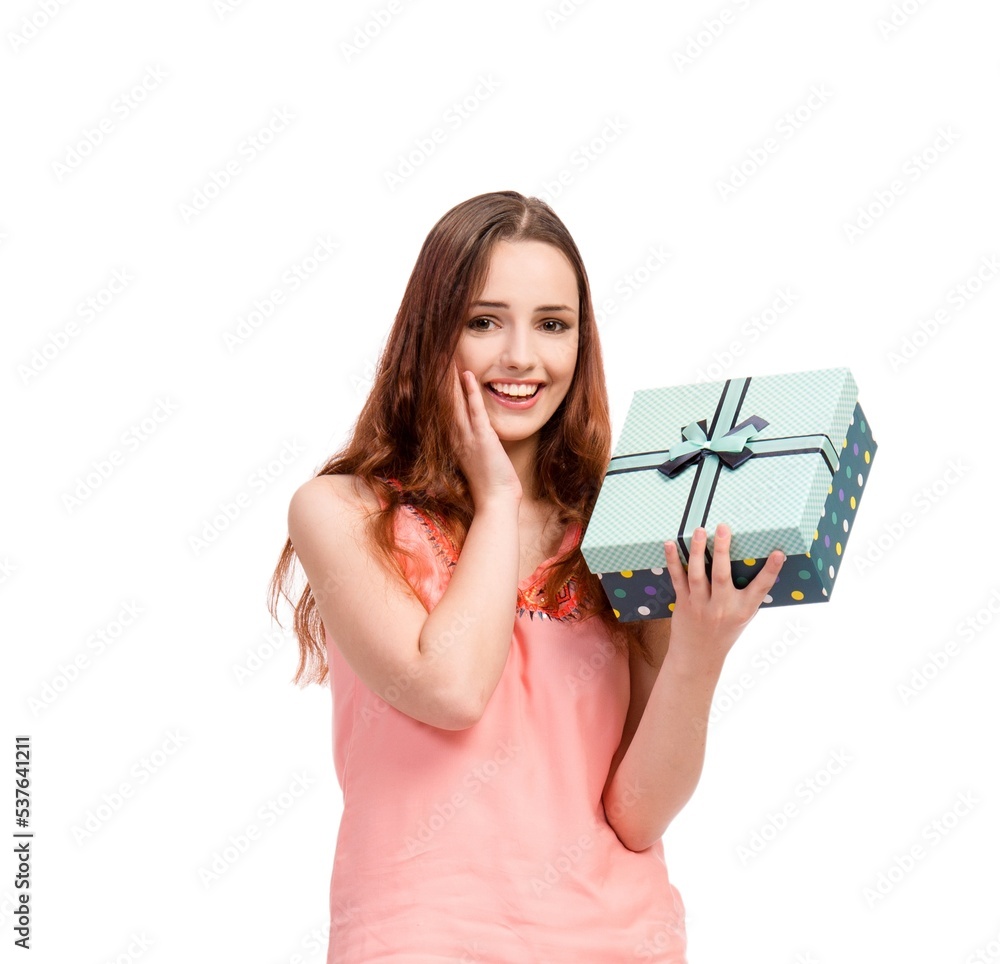 Young woman with giftbox isolated on white Young woman with giftbox isolated on white