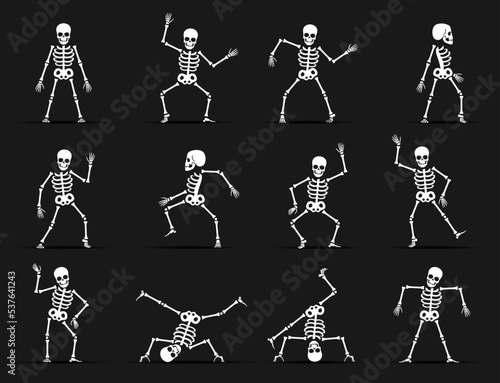 Skeleton dance animated game sprite. Vector set of funny halloween monster characters in different poses. Cute creepy skeletons, dead personages dancing, squatting and playing sequence animation frame