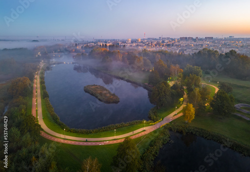 Public park called Lewityn in Pabianice City - view from drone	
