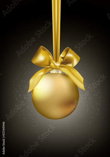 Shining Christmas golden ball hanging on satin ribbon with bow on dark backgroung with light and star dust. Editable Vector illustration