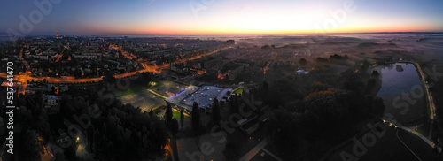 View at Pabianice city from a drone at sunset 