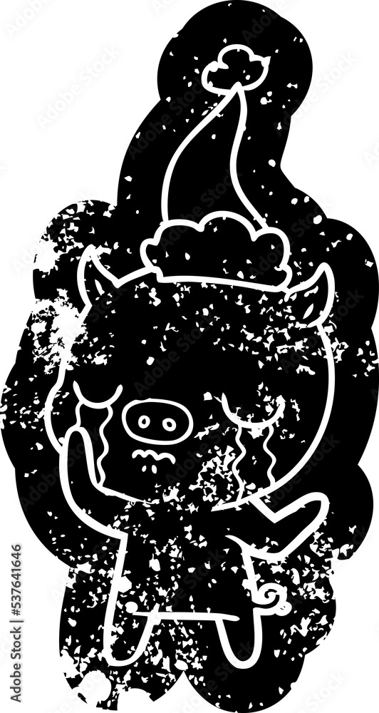 Fototapeta premium quirky cartoon distressed icon of a pig crying wearing santa hat