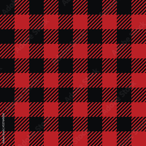 Classic Buffalo Plaid Lumberjack ornament seamless pattern background. Red and black checkered pattern, flannel fabric shirt print. Winter Christmas tartan backdrop