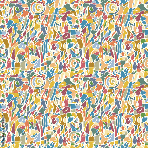 Multicolored stained glass seamless pattern in retro style. Abstract vector background with chaotic mosaic pattern. Suitable for wrapping paper, wallpaper design, fabric