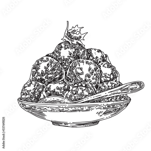 Pile of meatballs on plate. Sketch. Engraving style. Vector illustration.